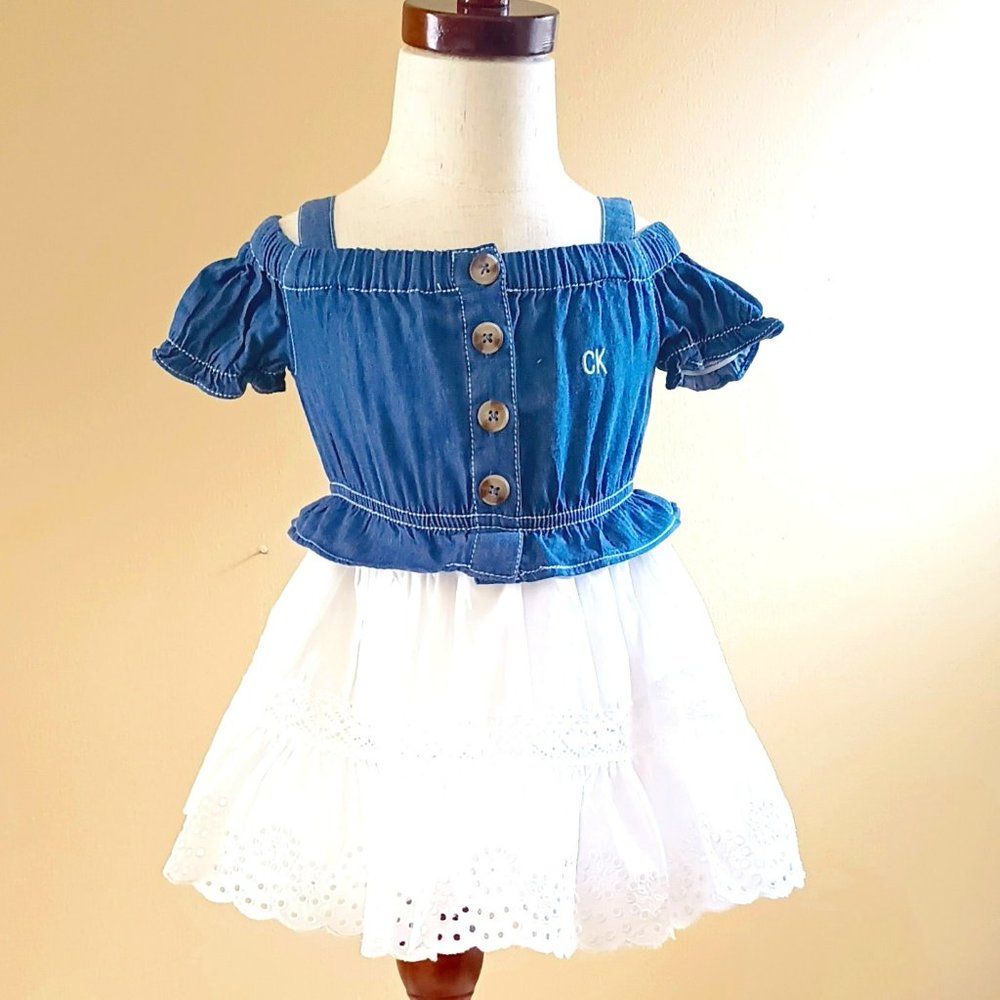 Calvin Klein Denim & Eyelet Peplum Dress 12M White Off Shoulder Peasant